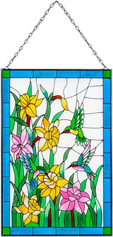 Viveta Hummingbird Stained Glass Window Hanging, Birds and Flowers Suncatcher for Window, Hummingbird Stained Glass Panel Hanging Ornament(Rectangular 10 * 15")