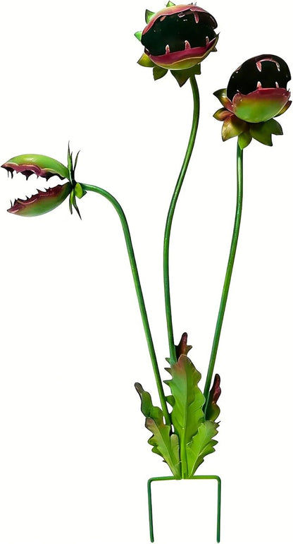 2Pack Metal Carnivorous Plant Garden Stake - Handmade Iron Venus Flytrap Yard Art, Whimsical Flower Outdoor Sculpture for Garden, Patio, Lawn, Seasonal Yard Decor