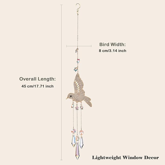 Hummingbird Crystal Suncatcher for Window Hanging, Rainbow Maker Prism Ornament with Hook, Sparkling Sun Catcher Decor for Home, Patio, Garden, Bird Lover Gift (Teardrop Crystal)