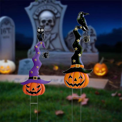 2 Pack Halloween/Thanksgiving Garden Decorations, Metal Jack-O-Lantern Stakes with Witch Hats, Scary Yard Sign Outdoor Lawn Decor, Metal Pumpkin Outdoor Halloween Yard Signs