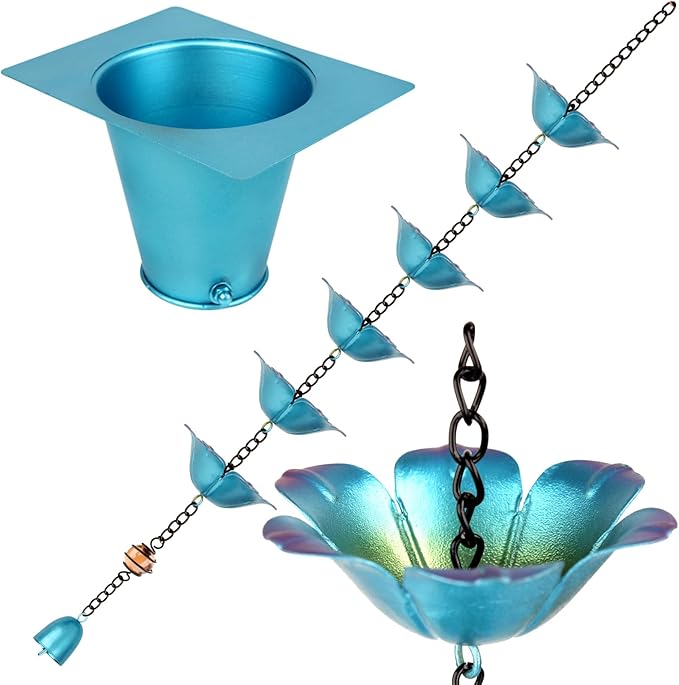 9FT Wrought Iron Rain Chain Set with 1 Adapter,Rain Chains for Outside with Rain Chain 16 Cups Flowers and Decorative Small Bell (Blue-Purple)