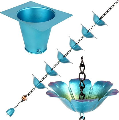 9FT Wrought Iron Rain Chain Set with 1 Adapter,Rain Chains for Outside with Rain Chain 16 Cups Flowers and Decorative Small Bell (Blue-Purple)