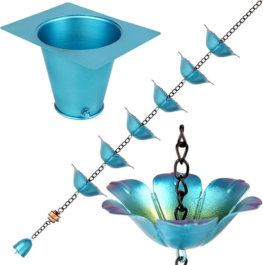 9FT Wrought Iron Rain Chain Set with 1 Adapter,Rain Chains for Outside with Rain Chain 16 Cups Flowers and Decorative Small Bell (Blue-Purple)