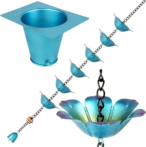 9FT Wrought Iron Rain Chain Set with 1 Adapter,Rain Chains for Outside with Rain Chain 16 Cups Flowers and Decorative Small Bell (Blue-Purple)