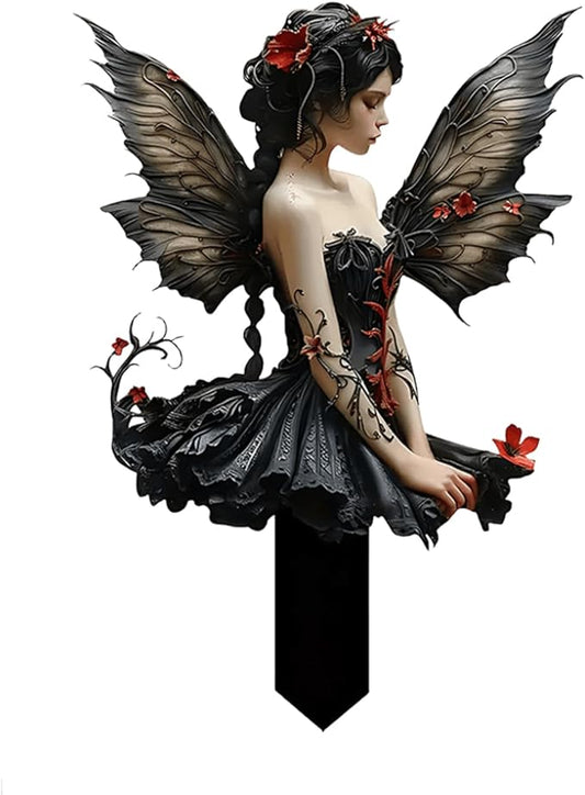 Flower Fairy Garden Stake Decor, 2D Flat Acrylic Elf Garden Sign with Stake, Fairy with Magic Sign for Indoor Outdoor Yard Lawn Balcony Pot Plants (Black Fairy)