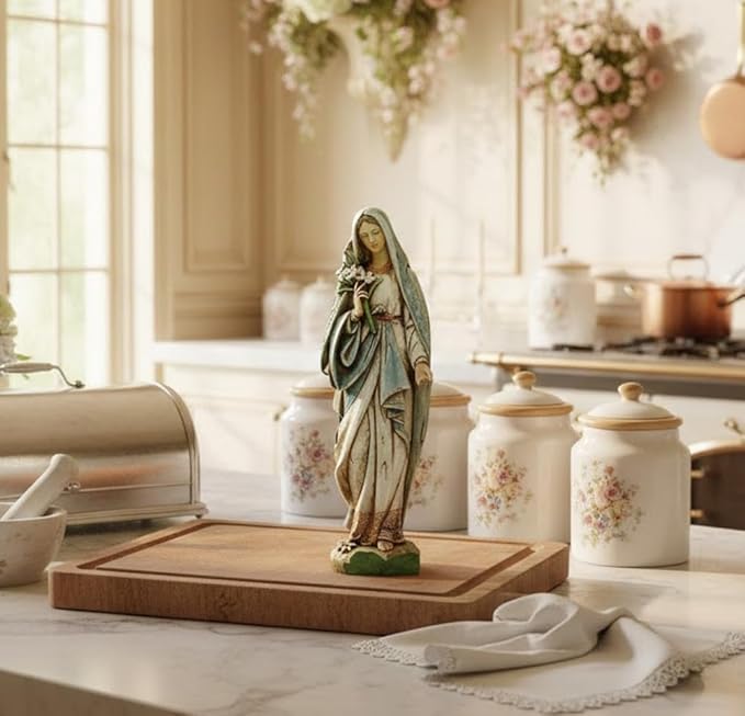 Napco Imports Mary Holding Lily Bouquet Ivory 4.5 x 12.25 Resin Stone Garden Figurine