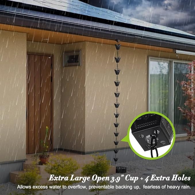 Vindar Rain Chains, 3D Mandala Carving Black Rain Chain, 8.5ft Large Cup Powder Metal Rain Chains for Outside, Replacement Downspout for Gutters Downspouts