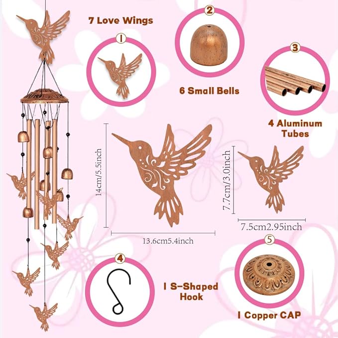 INFUNLY 7PCS Hummingbird Wind Chimes for Outside 5.5"×5.4" Bird Metal Windchime Aluminum Tube Wind Chime with Bell Animal Pattern Windchime Tubes Memorial Wind Bell for Garden Decor Housewarming Gift