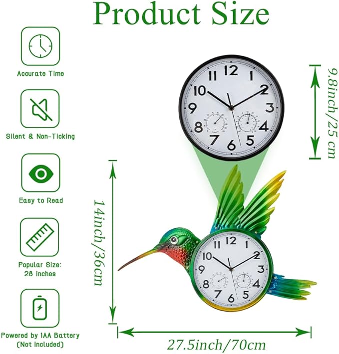 Large Outdoor Clock with Thermometer & Humidity - Silent Non-Ticking, Hummingbird Outdoor Wall Clock for Patio, Garden, Kitchen, Living Room(Green)