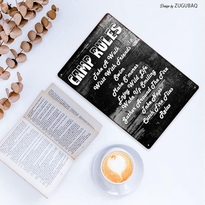 Vintage Metal Funny Camping Tin Sign-Camp Rules Take A Walk Visit With Friends Swim Outdoor Porch Patio Home Kitchen Garden Bar Poster Retro Decor Art 8X12 Inch Wall Decor