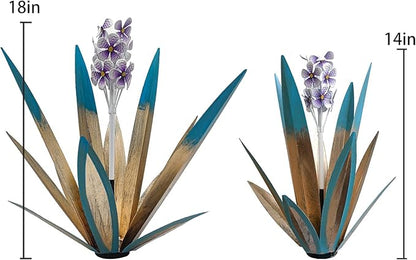 Metal Agave Plant Garden Art, 2 Pack Tequila Rustic Sculpture, Rustic Metal Agave Plants Lawn Home Ornaments, for Yard Stakes, Garden Figurines, Outdoor Patio (2 PCS Purple Flowers)