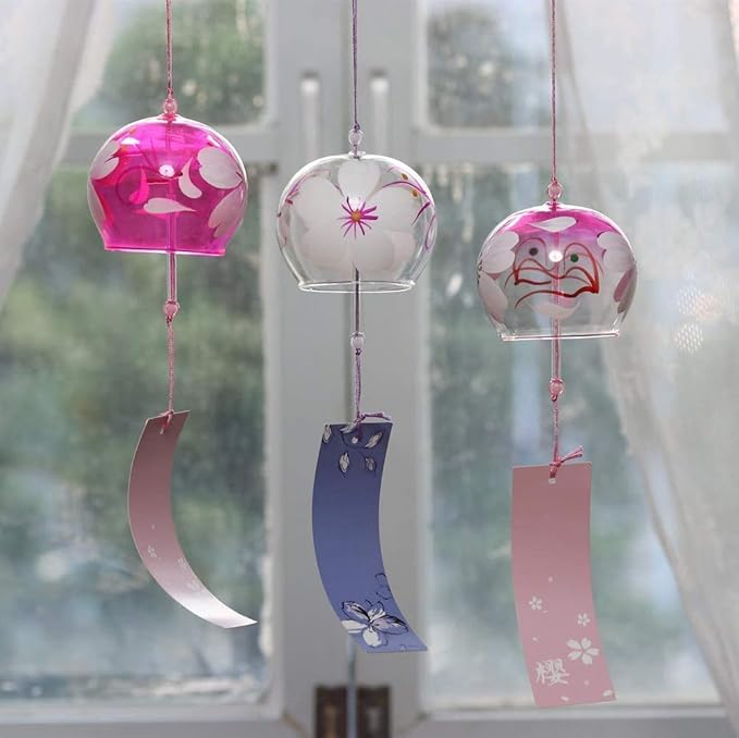 Falytemow Japanese Wind Chimes Romantic Flowers Small Wind Bells Handmade Glass Japanese Style Pendant for Birthday Present Home Decors (4 Cherry, 8 cm)