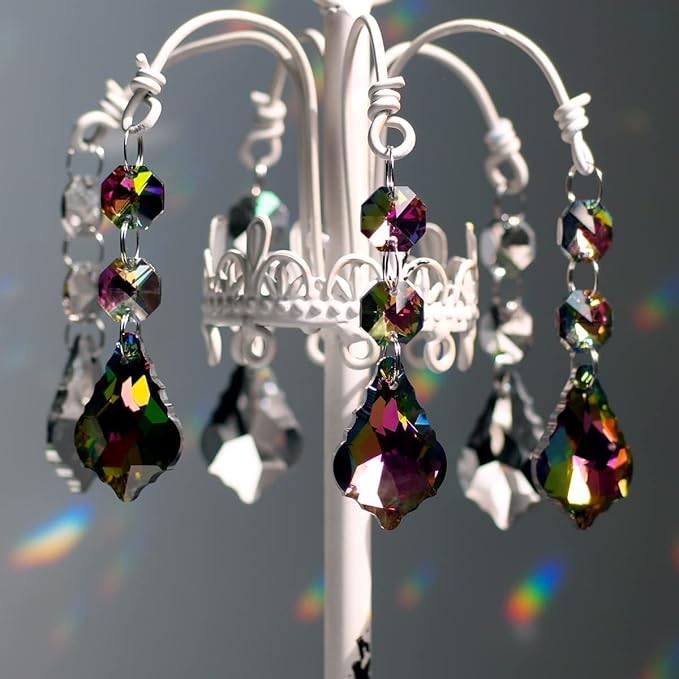 20pcs Chandelier Crystals Maple Leaf Prism Pendant Parts Connected Glass Octagon Beads Chain for Chandelier Decoration 38mm (Rainbow)