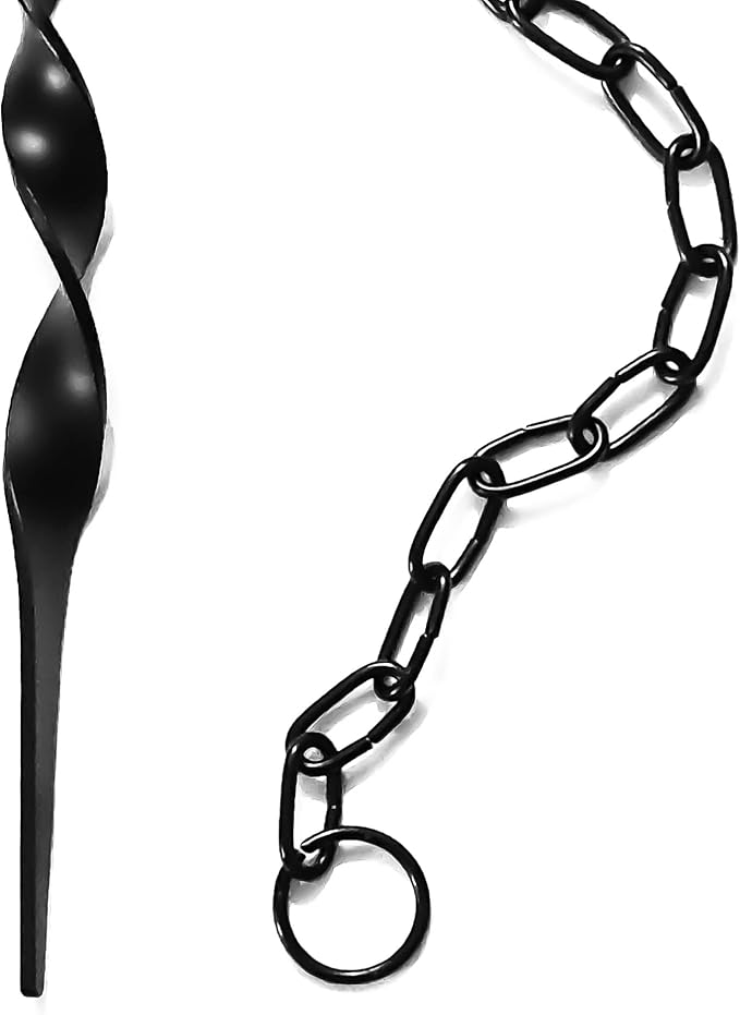 [Upgraded] 3mm Thick, 13 inches Black Powder-Coated Rain Chain Anchoring Stake Including 17 inches Long-Chain, Non-Rust Plating Spiral Anchoring Spike for Rain Chains, Heavy Duty, Reusable