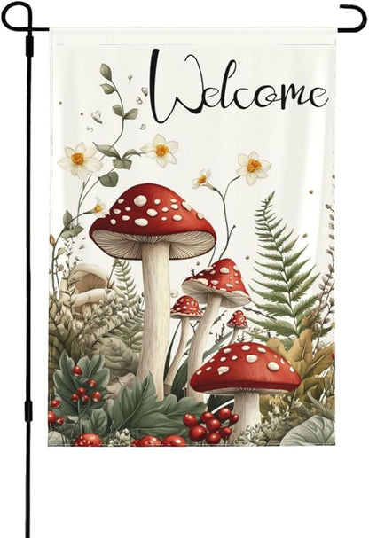 Mushrooms and Fern Garden Flags 12×18 Inch Welcome Double Sided Decorative Yard Banner Seasonal Flag for Outdoor Outside Decor