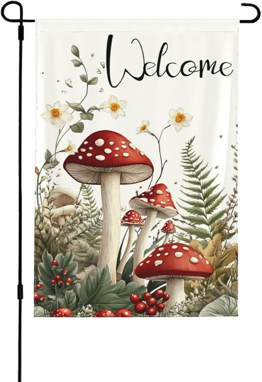 Mushrooms and Fern Garden Flags 12×18 Inch Welcome Double Sided Decorative Yard Banner Seasonal Flag for Outdoor Outside Decor