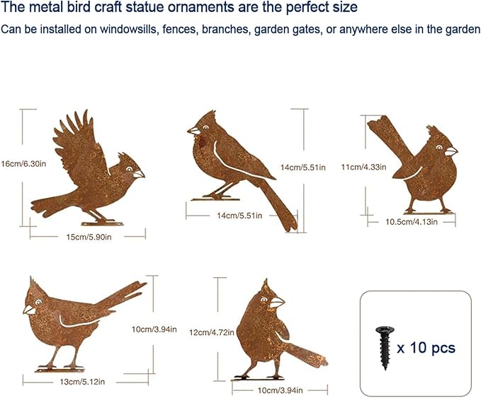 5PCS Rusty Metal Birds Decoration, Outdoor Fence Yard Decor, Metal Bird Art, Fence Decorations Outdoor, Rustic Garden Decor, Garden Sculptures Statues, Lawn Ornaments (Cardinal)