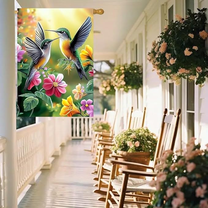 House Flags for Outside 28 x 40 Double Sided, Burlap Large Spring Summer Garden Flag Hummingbird Flowers Outdoor Flags Seasonal Farmhouse Yard Patio Porch Décor