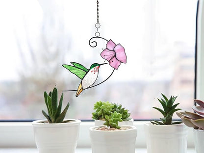 Lolitarcrafts Hummingbird with Flower Stained Glass Suncatcher Bird Stained Glass Window Hangings Hummingbird Gift for Home Decor (Green with Flower)