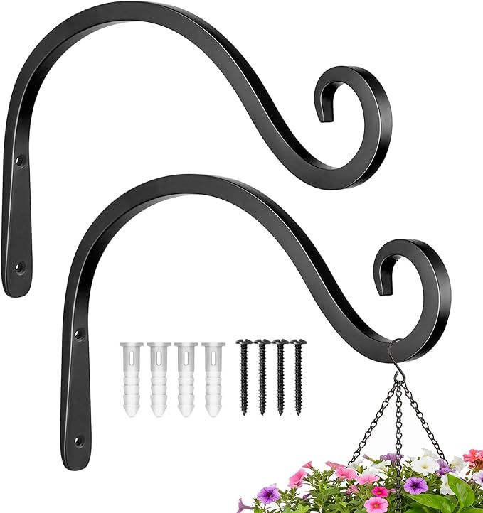 BOLITE Plant Hangers Outdoor Indoor, 8 Inch Wall Plant Hooks, Metal Bird Feeder Hanger for Hummingbird Feeders, Planters, Lanterns, Wind Chimes, Home Decor, 2 Pack, Black, Gifts for Women Men