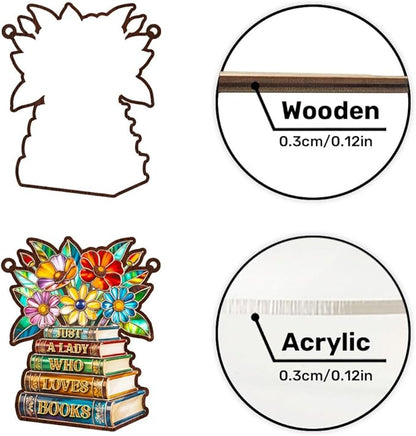 Jesuspirit - Window Hanging Suncatcher – Crystal Clear Acrylic & Wood Sun Catcher for Home Decor, for Women (Just A Lady Who Loves Books, 8 Inches)
