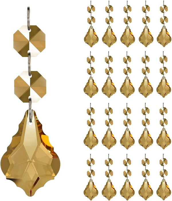 20pcs Crystal Maple Leaf Chandelier Prisms Replacement Pendant Connected Glass Octagon Beads Chain for Wedding Christmas Decoration 38mm (Champagne)