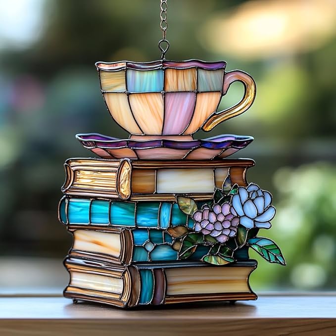 Flowers Book and Tea Acrylic Suncatcher Stained Glass Effect Window Car Hanging Christmas Ornament Indoor Outdoor Decor Garden Sun Catcher Panel for Book Lover for Women Mom Grandma