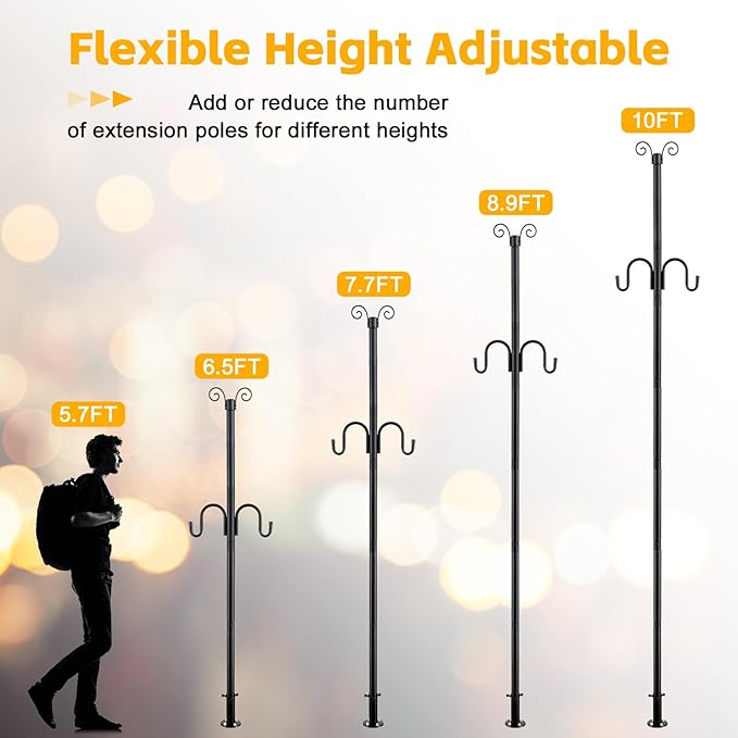 String Light Poles for Outside, 10FT Heavy Duty Outdoor String Light Pole Stand with Shepherd Hooks for Wood Deck Concrete Patio Garden Backyard Wedding Party Bird Feeder Lanterns Flower Basket 1PC