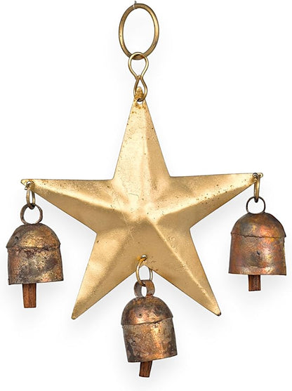 Wind Chime for Outside with 3 Rustic Cow Bells – Gold Metal Hanging Jingle Bell Chime for Yard, Garden, Wall, Outdoor Indoor Home Decor, Christmas Ornament, Boho Farmhouse Decor (Star 7x5)