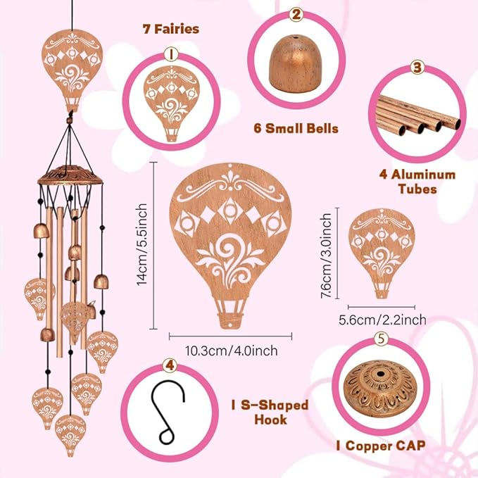 Hot Air Balloon Style Metal Wind Chimes for Outside, Waterproof Aluminum Windchimes with Hook for Outdoor Garden Patio Porch Decor, 33“ Memorial Wind Chimes Friendship Gifts for Women