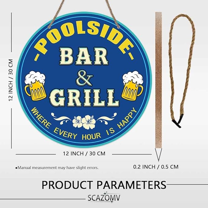 Poolside Bar And Grill Where Every Hour Is Happy Round Rustic Wood Sign Plaque Vintage Wall Art Wooden Hanging Sign Decor for Home Farmhouse Garden Front Door Entryway Porch Yard 12 Inch