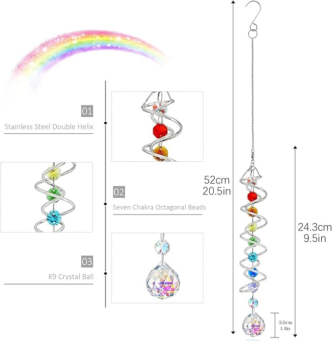 H&D HYALINE & DORA 20.5" Gazing Ball Spiral Tail Decorative Wind Spinners 1.18" Crystal Glass Ball Unique Gift Hanging Decor for Indoor Outdoor Garden Decoration (AB)