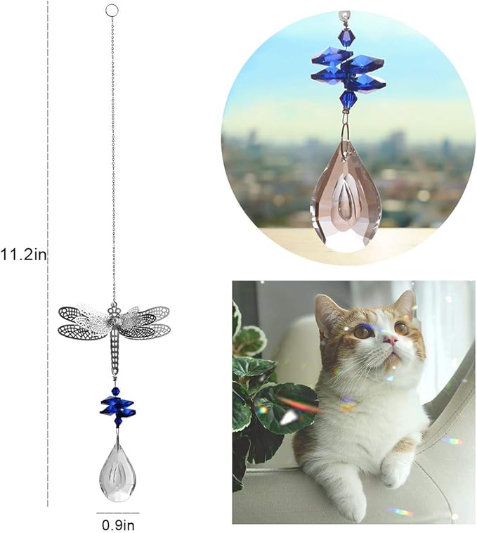 WEISIPU Crystal Suncatcher Prism - Dragonfly Suncatchers for Windows Hanging Rainbow Maker, K9 Crystal Metal Dragonfly Ornament, Christmas Tree Decor, Gifts (Blue)