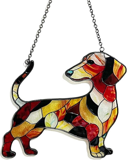 Dachshund Stained Glass Window Hanging, 5.9 * 5.1 in Hand-Painted Sun Catcher Panel Wall Art Decor with Chain, Gifts for Women Mom Grandma