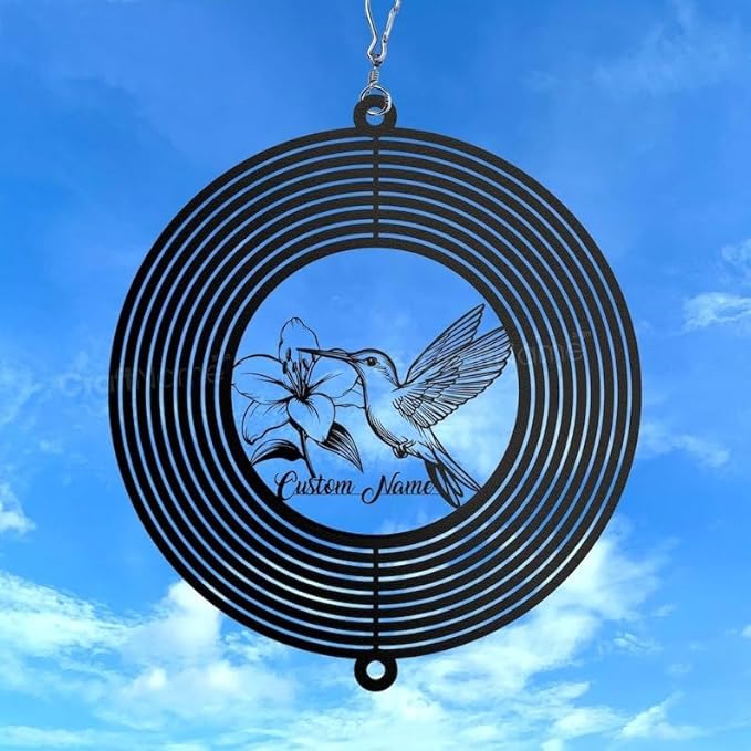 Personalized Hummingbird Metal Wind Spinner, Custom Outdoor Ornament for Yard Display, Kinetic Bird Sculpture, Nature Gift (Hummingbird Garden Wind Spinner)