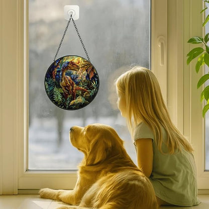 Stained Glass Window Hanging - Raptor Dinosaur in Jungle Scene Sun Catchers Indoor Stained Glass Panels Wall Decor for Mom,Wife,Lovers,Festive