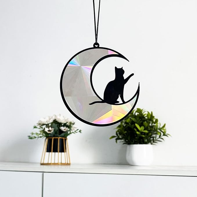 Colorful Suncatcher Rainbow Maker Prism Moon Cat Acrylic Pendant for Window Hanging Home Garden Party Wedding Ornament Gift