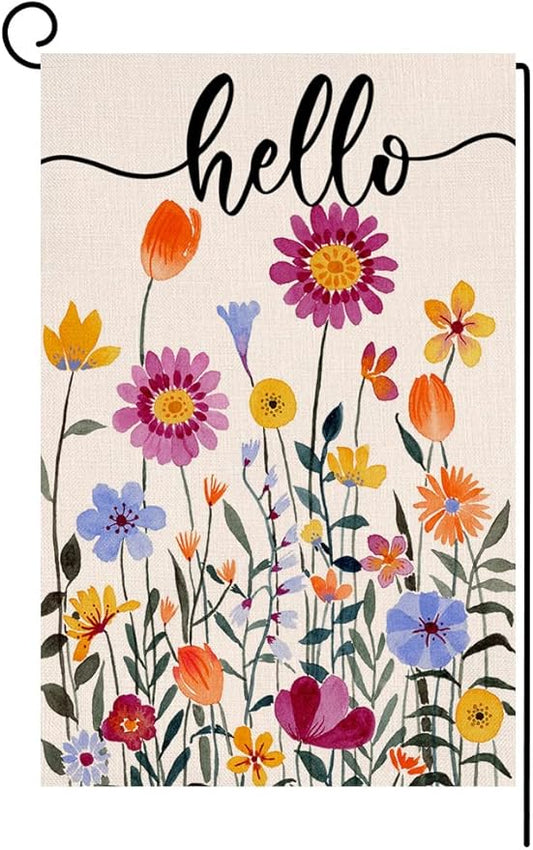 Hello Spring Floral Garden Flag 12x18 Vertical Double Sided Colorful Flowers Summer Farmhouse Holiday Outside Decorations Burlap Yard Flag BW257