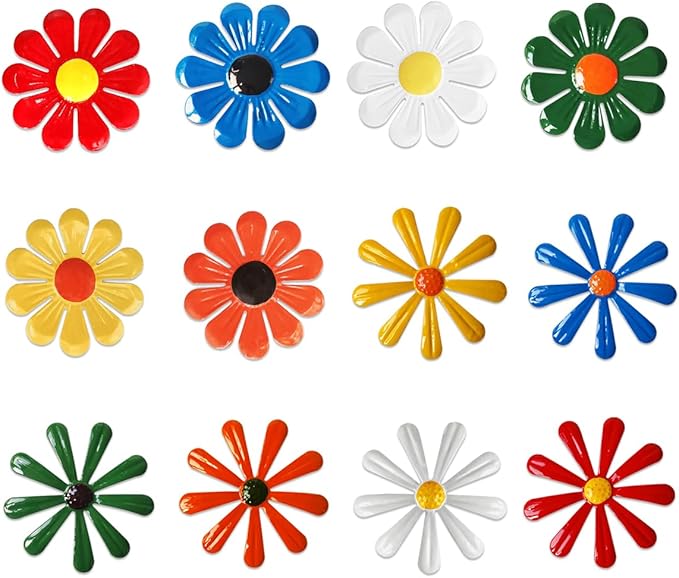 Metal Flowers Garden Decorations Set,12 Pcs Metal Flowers Statues Wall Art Decor,Metal Sunflower Daisy Hanging Ornament For Indoor Living Room Bedroom Outdoor Backyard Porch Patio Fence Decoration