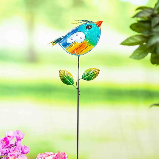 Colorful Metal and Glass Bird Garden Stakes, Blue