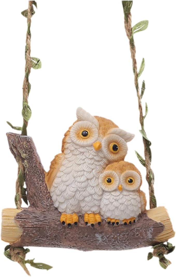 Swing Animal Garden Statue, Hanging Sculpture,Creative, Cartoon Cute Figurine Resin Ornament for Outdoor Courtyard Tree, Owl Statue