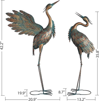 Crane Statues for Garden Decor, Metal Crane Yard Art Statues, Standing Heron Garden Sculptures & Statues for Outdoor Decorations, 38-42 Inch Set of 2, Copper