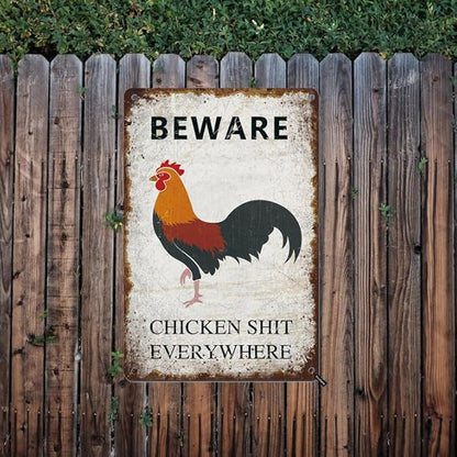 Beware Chicken Shit Everywhere Vintage Metal Sign Retro Wall Decor for Chicken Coop Farmhouse Wall Decor Funny Coop Garden Man Cave Farm Outdoor Decorations Chicken Coop Accessories 12x8 Inch