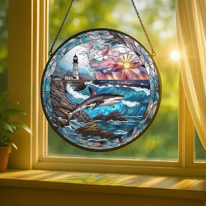 Stained Glass Window Hanging - Sunset Ocean Whale Sun Catchers Indoor Stained Glass Panels Wall Decor for Mom, Wife, Lovers, Festive