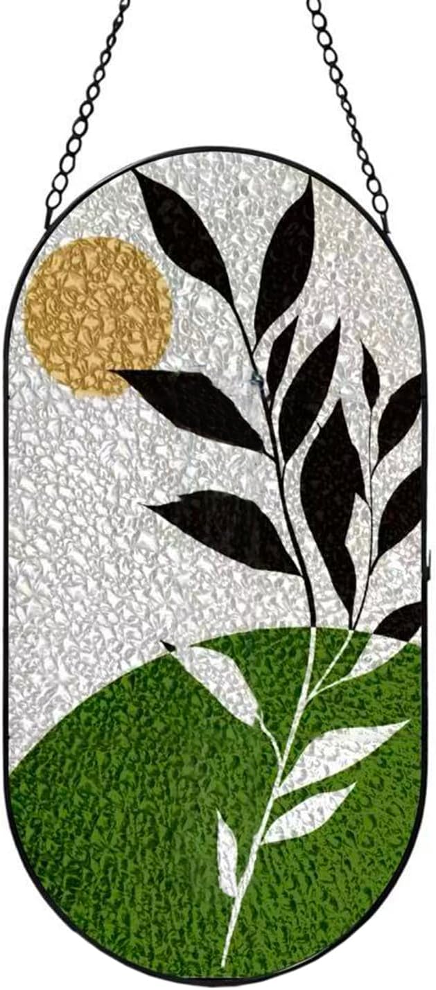Stained Glass Window Hanging, Green Foliage Twig Plants Leaves Sun Catchers Indoor Window, Artistic Yoga Home Indoor Entryway Wall Decor Gifts for Women Wife Men Kids Birthday