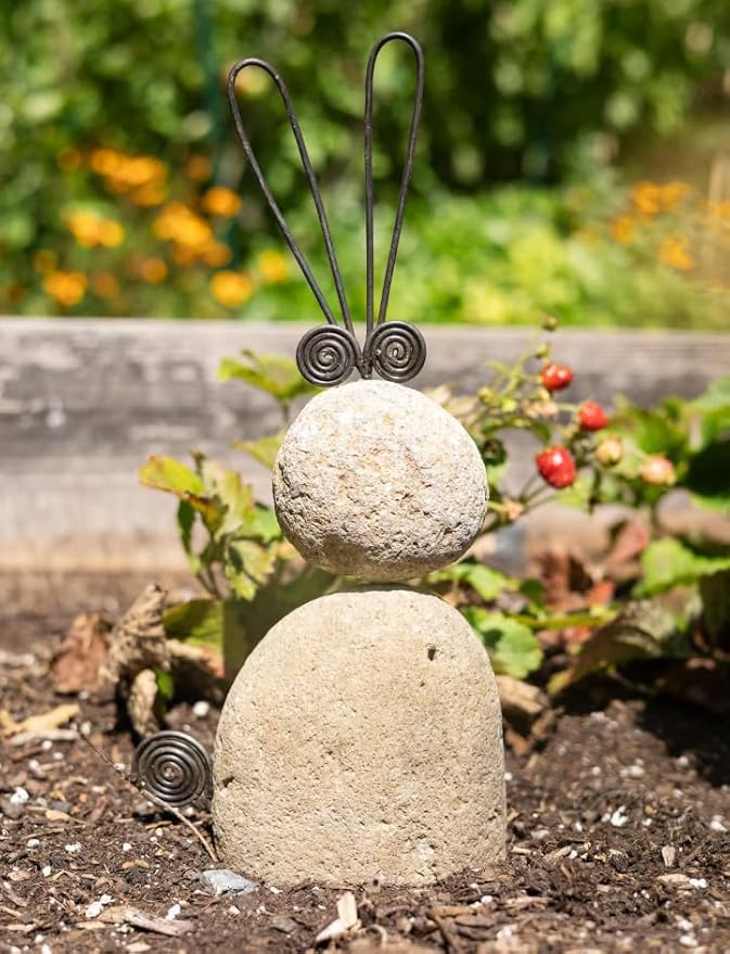 Handmade River Stone Rabbit Garden Statue 11 Inch Metal & Natural Stone Outdoor Bunny Accent, Memorial Day Yard Decor