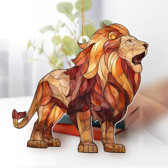 Lion Stained Glass Ornament Acrylic Window Hanging Sun Catcher – Wildlife Animal Decor for Christmas Tree, Rearview Mirror, Home & Car Accessories, Safari Gifts for Men Women, Symbol of StrengthSun-26
