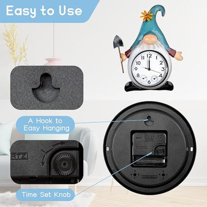 Gnome Outdoor Clock with Thermometer & Humidity, 14.5'' Quartz Outdoor Wall Clock Silent No-Ticking for Patio, Living Room, Kitchen