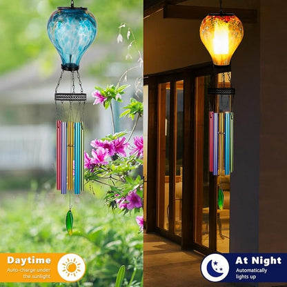 Starsoul Solar Wind Chimes for Outside, Sea Blue Hot Air Balloon Wind Chime with Flickering Flame, Outdoor Glass Windchimes Garden Decor, Gift for Mother's Day