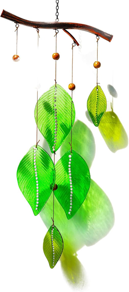 Glass Wind Chimes for Outside,Unique Handmade Windchimes Outdoors with Stained Glass Leaves for Home Window Garden Yard Patio Decor Ornament for Christmas Tree,Green 20"